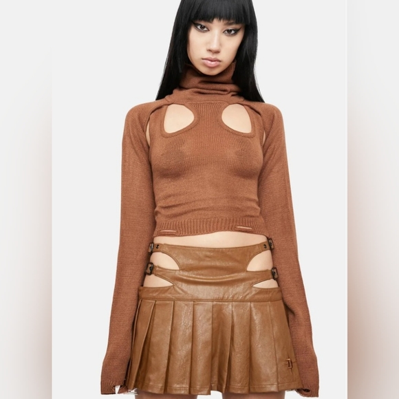NWT Darker Wavs by Dollskill Knit Cut-out Turtleneck Sweater Top XS Brown - Picture 5 of 6